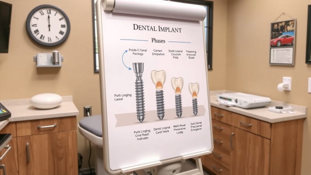 Before-and-after images of a patient’s smile transformation due to dental implants, placed side-by-side on a consultation table in a Granville OH dentist’s office. 