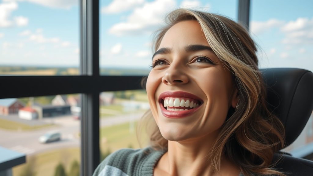 A cheerful patient smiling broadly after receiving dental implants, with a scenic view of Heath, OH, visible through the clinic’s window. 