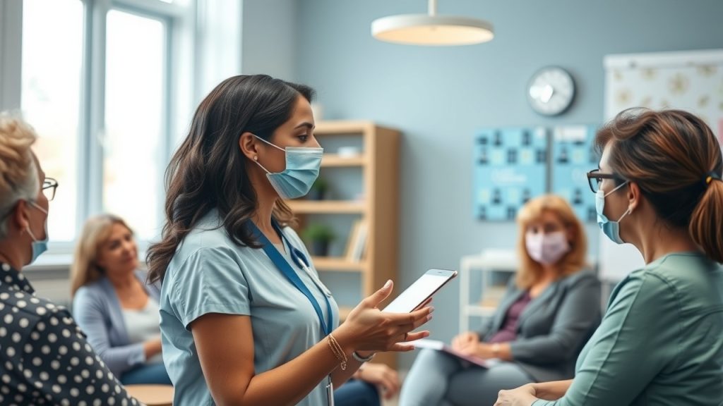 An educational scene focusing on a dental hygienist explaining the benefits of dental implants to a group of interested patients in a community health seminar setting. 