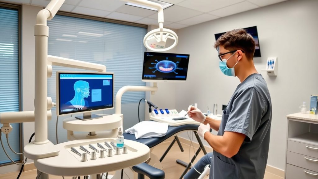 A modern dental clinic in Granville OH, showcasing advanced equipment and tools used for dental implants, with a professional dentist in scrubs preparing for a procedure. 