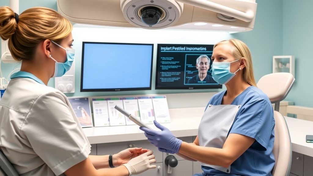 A friendly dental hygienist providing pre-operative instructions to a patient before their implant surgery, with educational materials displayed in the background. 