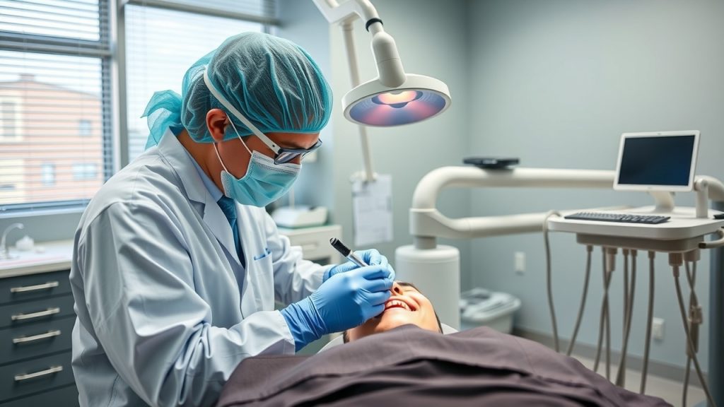 A photograph of a dentist performing an implant surgery on a patient in a clean, modern dental clinic setting in Utica, OH, showcasing advanced dental technology and equipment. 