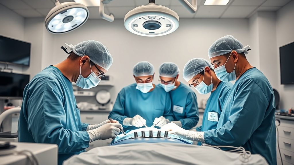 An action shot of a surgeon performing dental implant surgery with surgical tools, showcasing precision and professionalism in a sterile environment. 