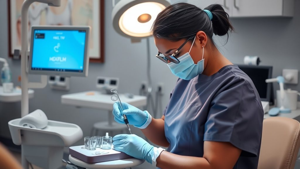 A serene image of a dental hygienist preparing the equipment for a dental implant procedure, emphasizing hygiene and care in a Heath, OH clinic. 