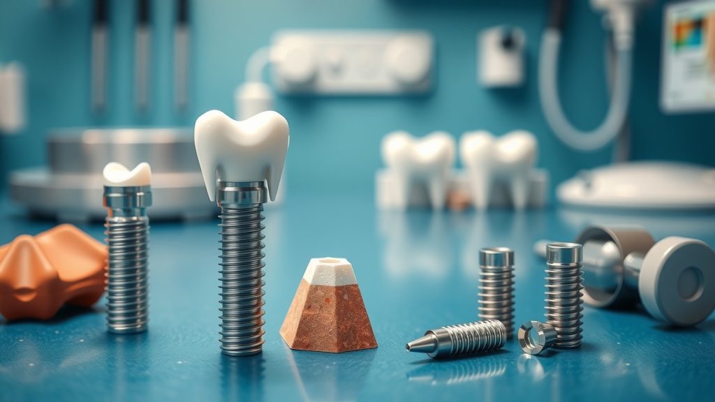 A visual representation of dental implant materials (like titanium) and their benefits, laid out in an inviting manner on a clinical workspace. 