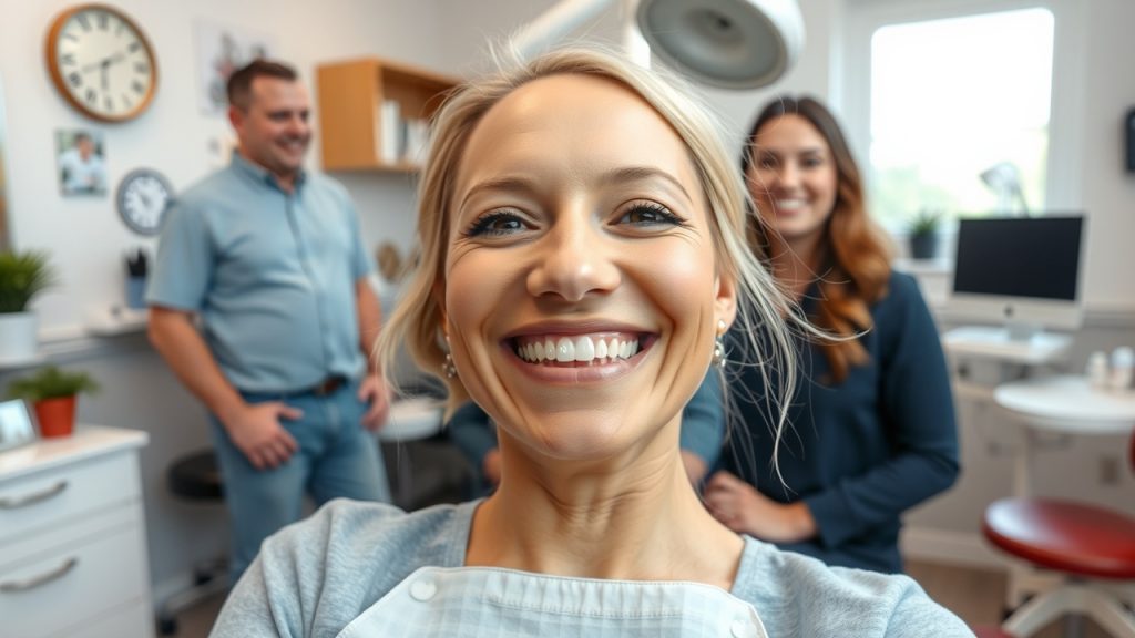 A cheerful group of dentists working collaboratively on a dental implant plan, with digital screens displaying x-rays and treatment options in a modern clinic. 