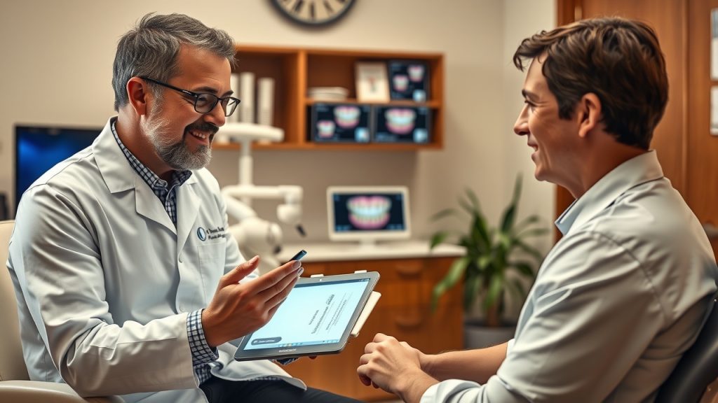 A portrait of a happy patient receiving a single tooth implant, with the dentist and dental assistant working attentively in a bright, well-equipped treatment room. 