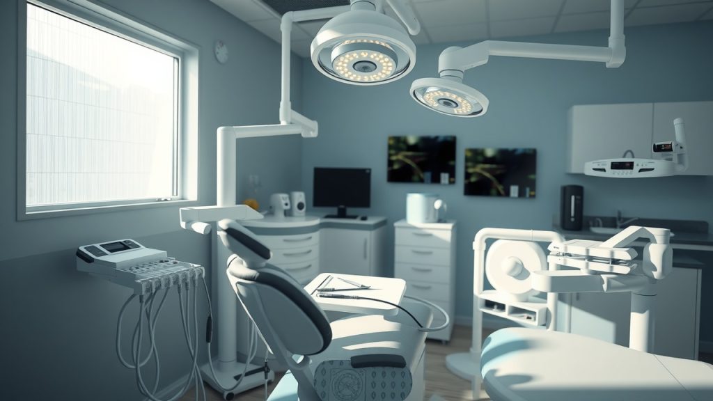 A serene dental office environment where dental implants are being prepared, with soft lighting and modern equipment visible. 