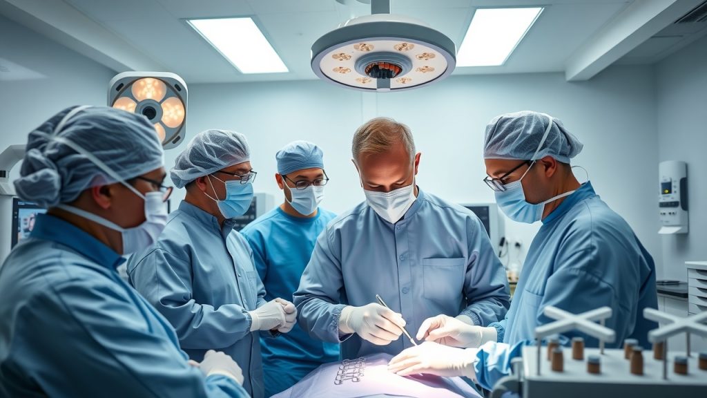 A focused group of dental specialists at work in a state-of-the-art surgical room, showcasing teamwork and advanced technology in the process of dental implants. 